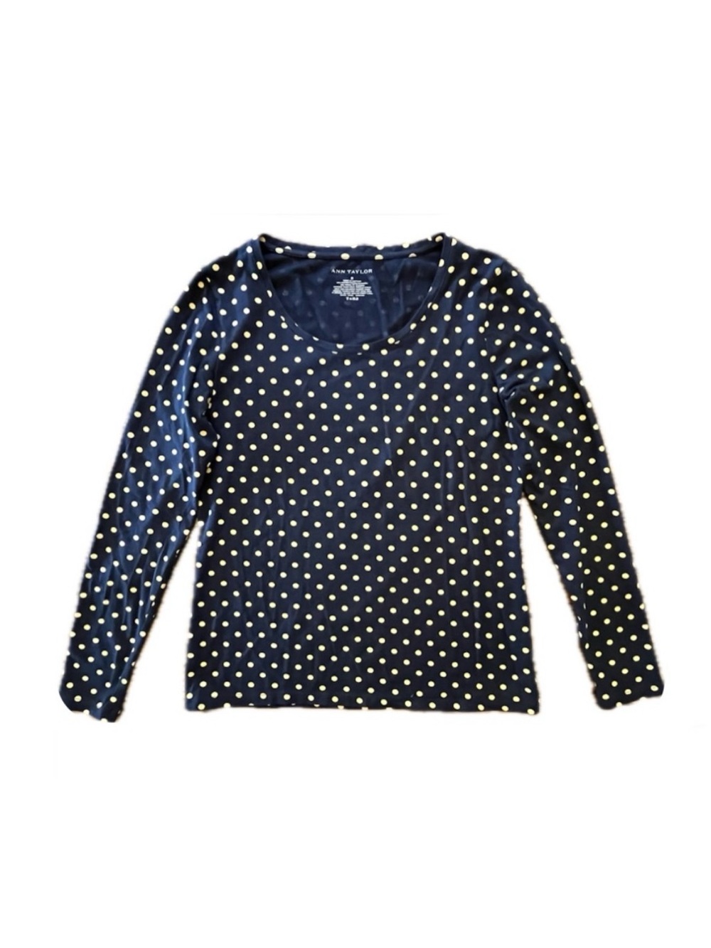 Ann Taylor Navy & Tan Polka Dot Long Sleeve T-Shirt Top, Small